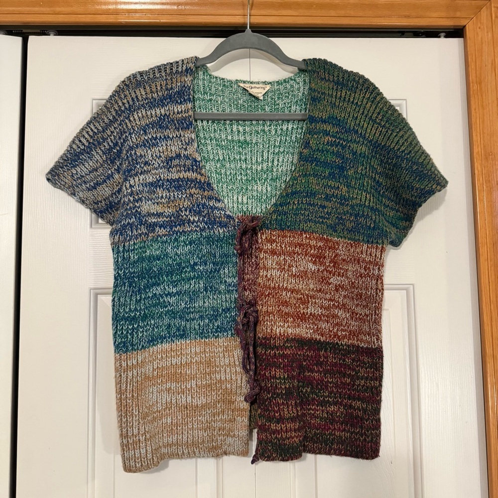 Vintage Space Dye Multicolor Patchwork Knit Short Sleeve Cardigan‎ Sweater